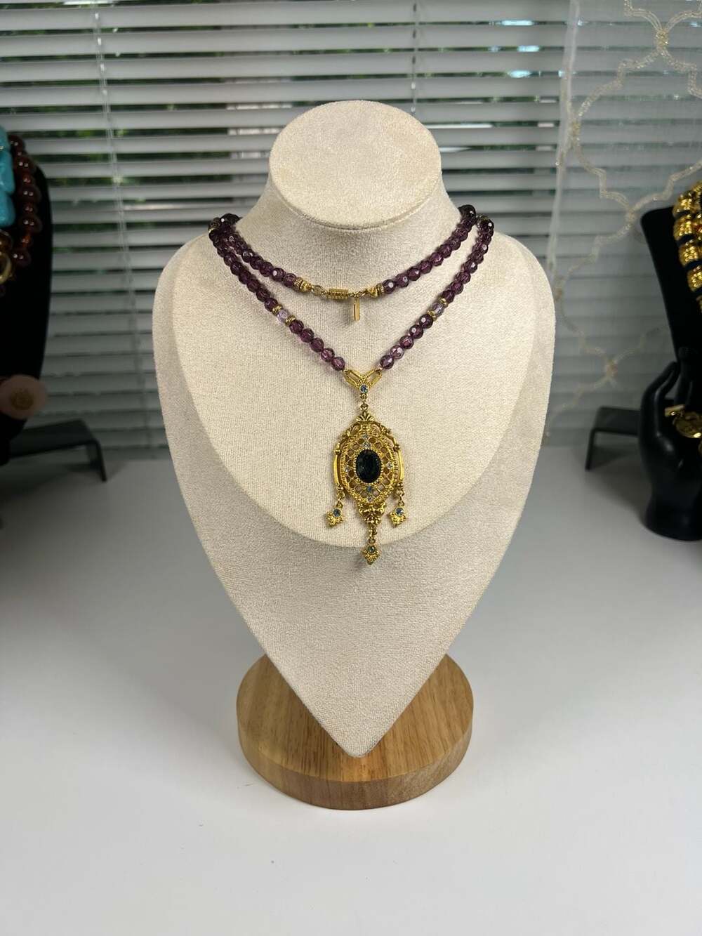 1928 Victorian Style Gold-Tone Filigree Pendant Necklace with Purple Glass Beads - Picture 2 of 5
